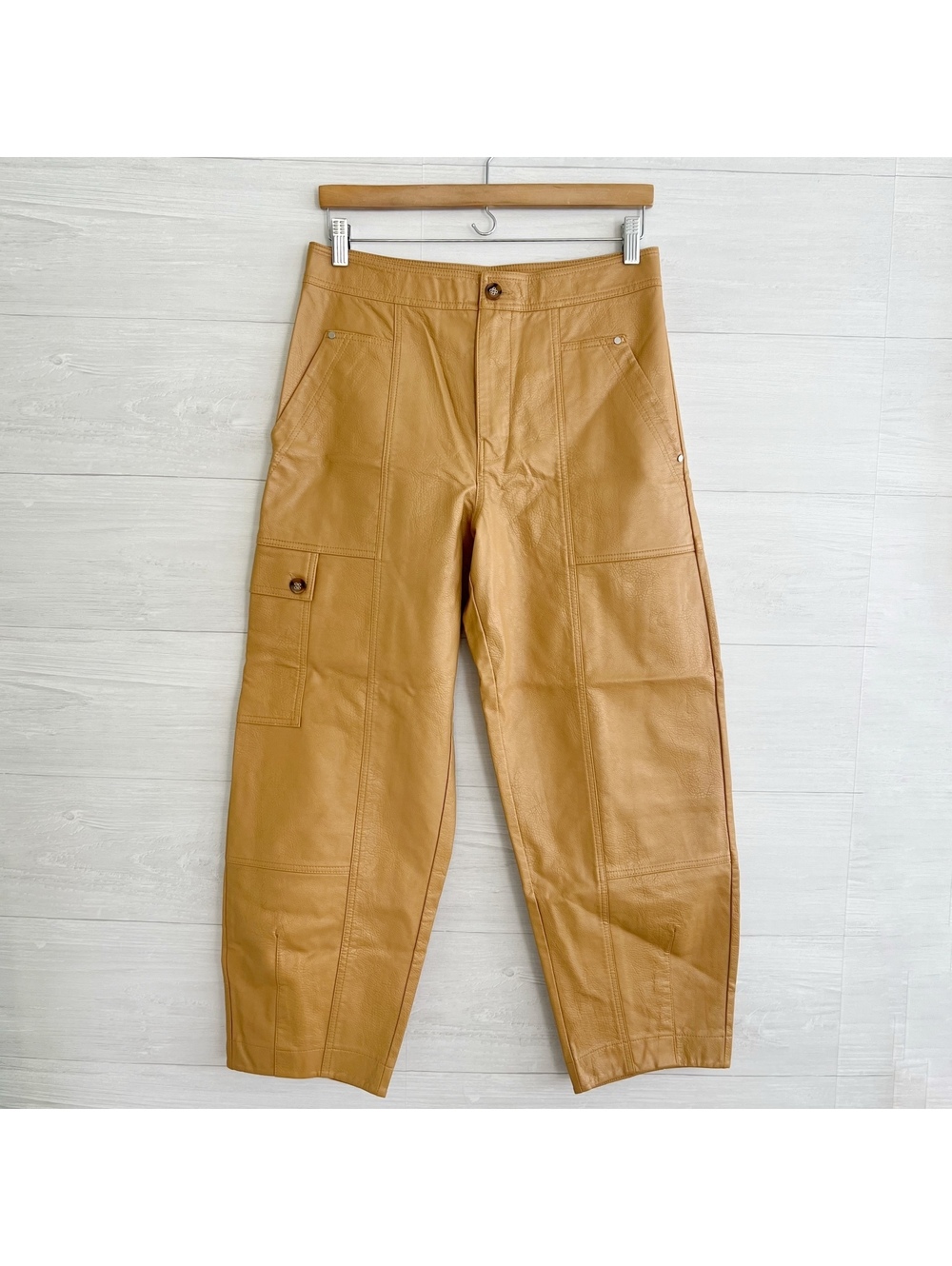 By Anthropologie Tan Faux Leather Barrel Cargo Utility Pants Size 6